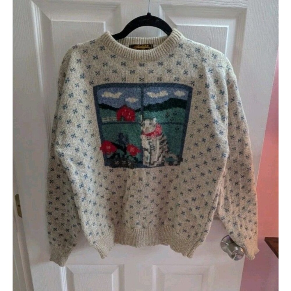 Eddie Bauer 1989 Vintage Cat Sweater Large Wool Blend Brown Rare Design